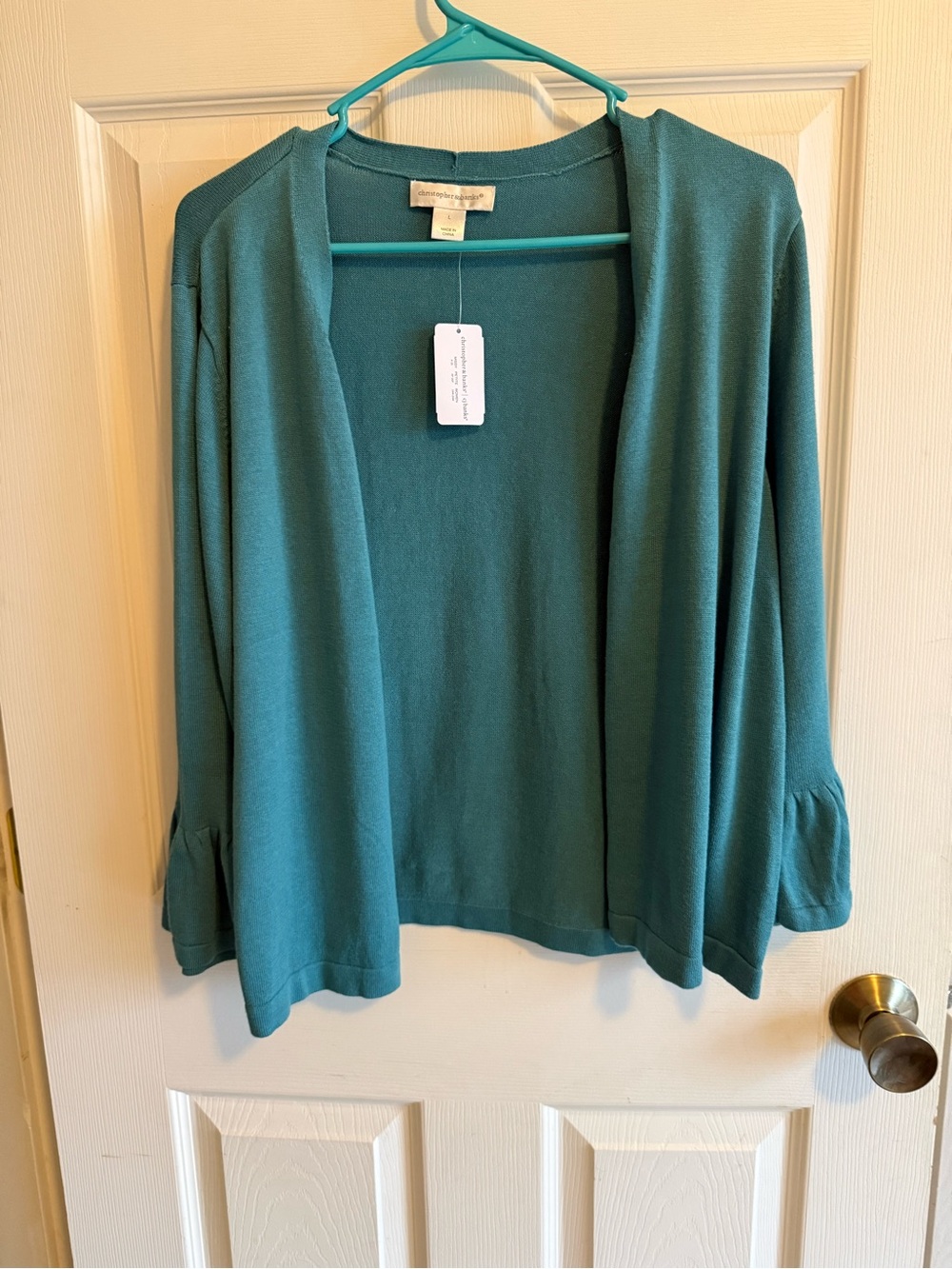 Christopher & Banks Women’s Bell Sleeve Teal Open-Front Cardigan Large